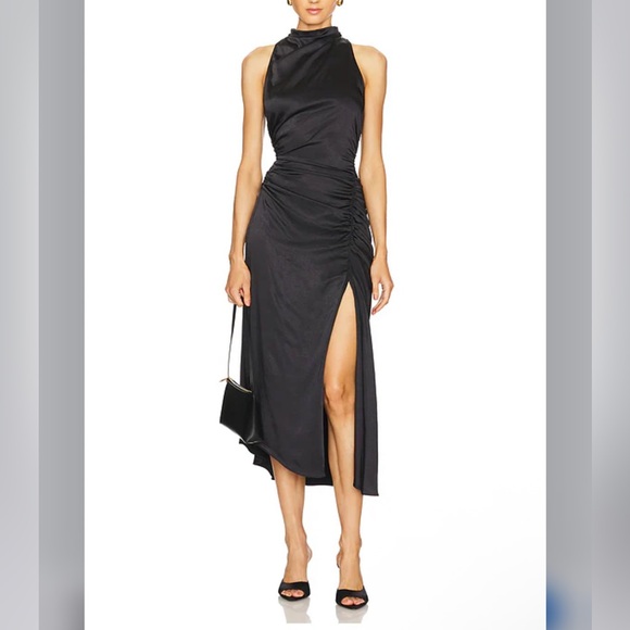 inez satin halter dress A.L.C Womens Inez Satin Midi Halter Side Slit Dress Black sz 10